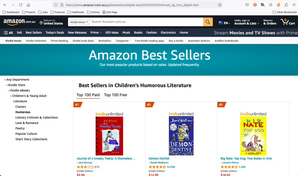 screenshot of Amazon AU Best Sellers for Children's Humorous Literature, August 2023