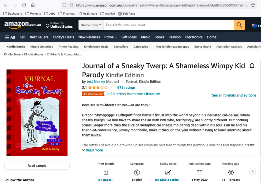 Journal of a Sneaky Twerp sales page on Amazon AU with #1 Best Seller badge
